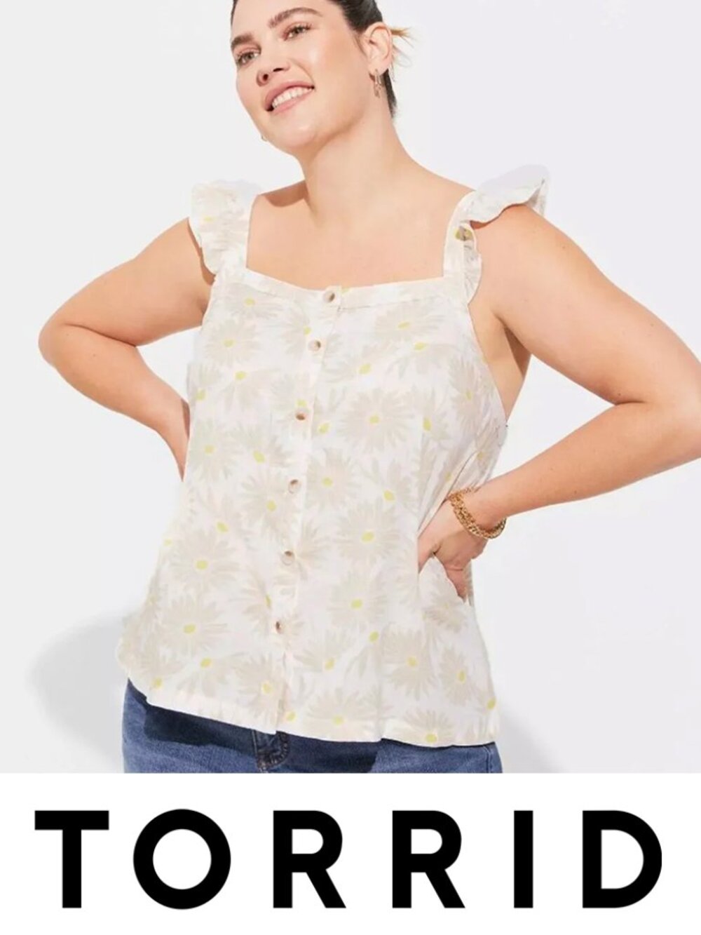 Torrid 0X Ruffle Floral Faux-Button-Up-Front Tank Top